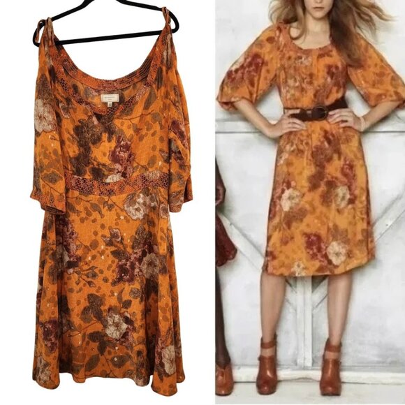Anthropologie Moulinette Souers 100% Silk Cara Cara Dress Orange Floral Women 2X - Picture 1 of 10